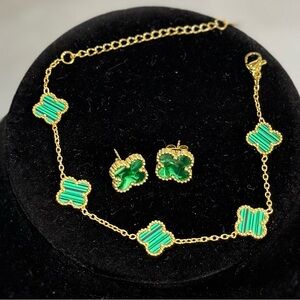 Unbranded Gold-Plated Green Clover Bracelet and Stud Earring Set